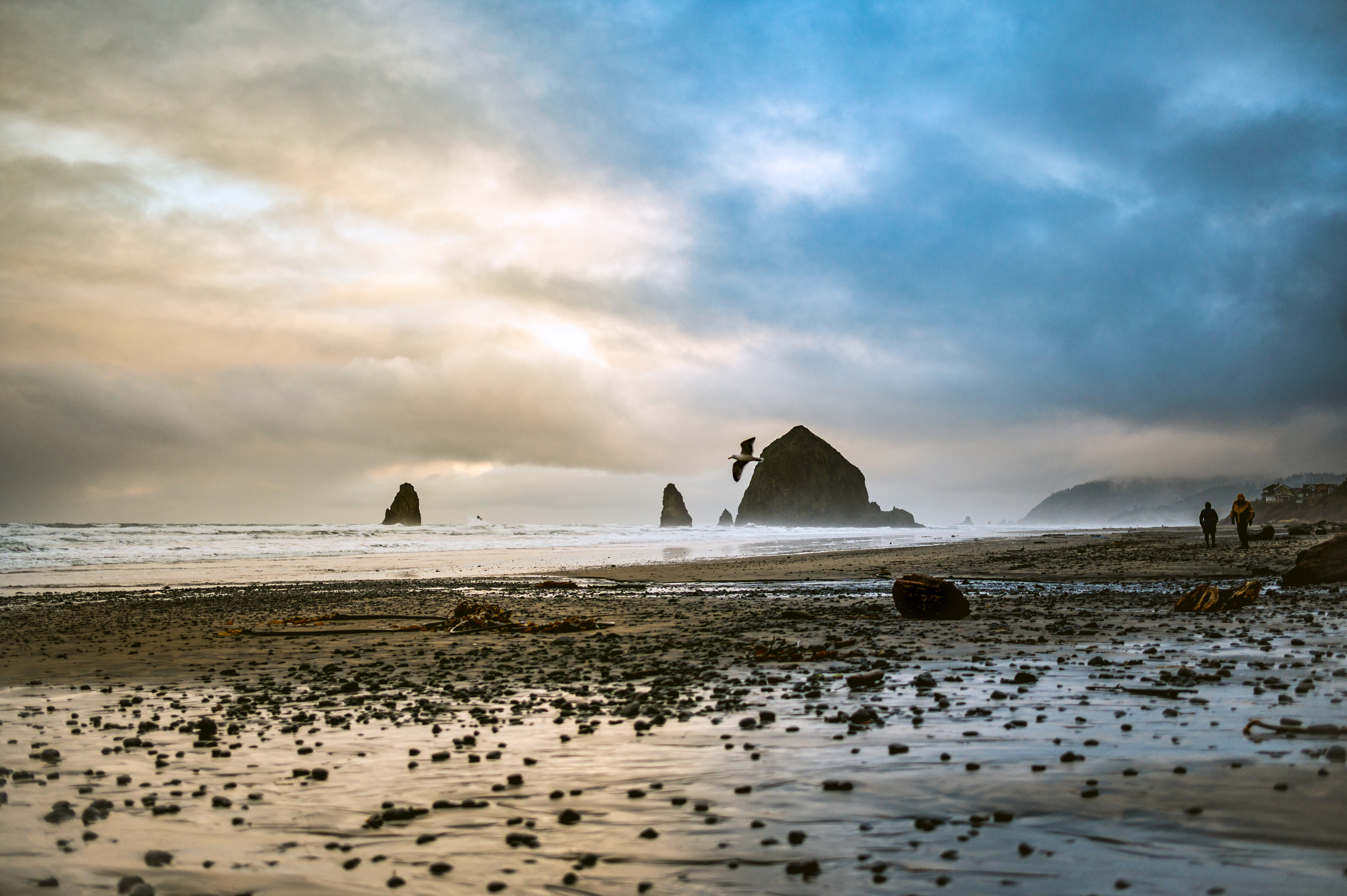 Storm clouds and sea stacks at a misty beach